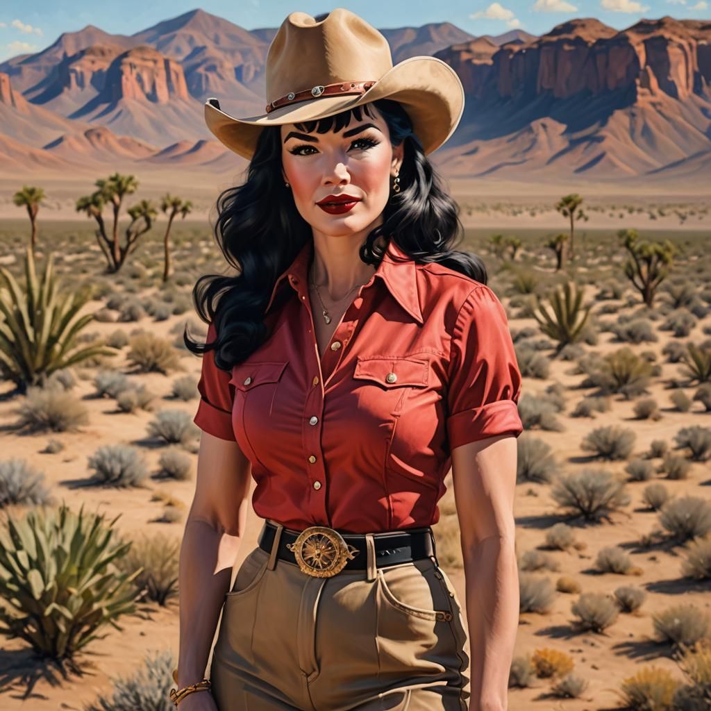 Bettie Page Portrait in Desert, Oil on Canvas