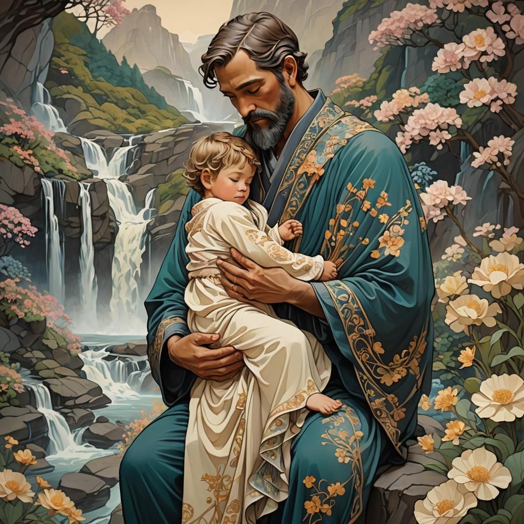 Art Nouveau Portrait: Father and Son Embrace