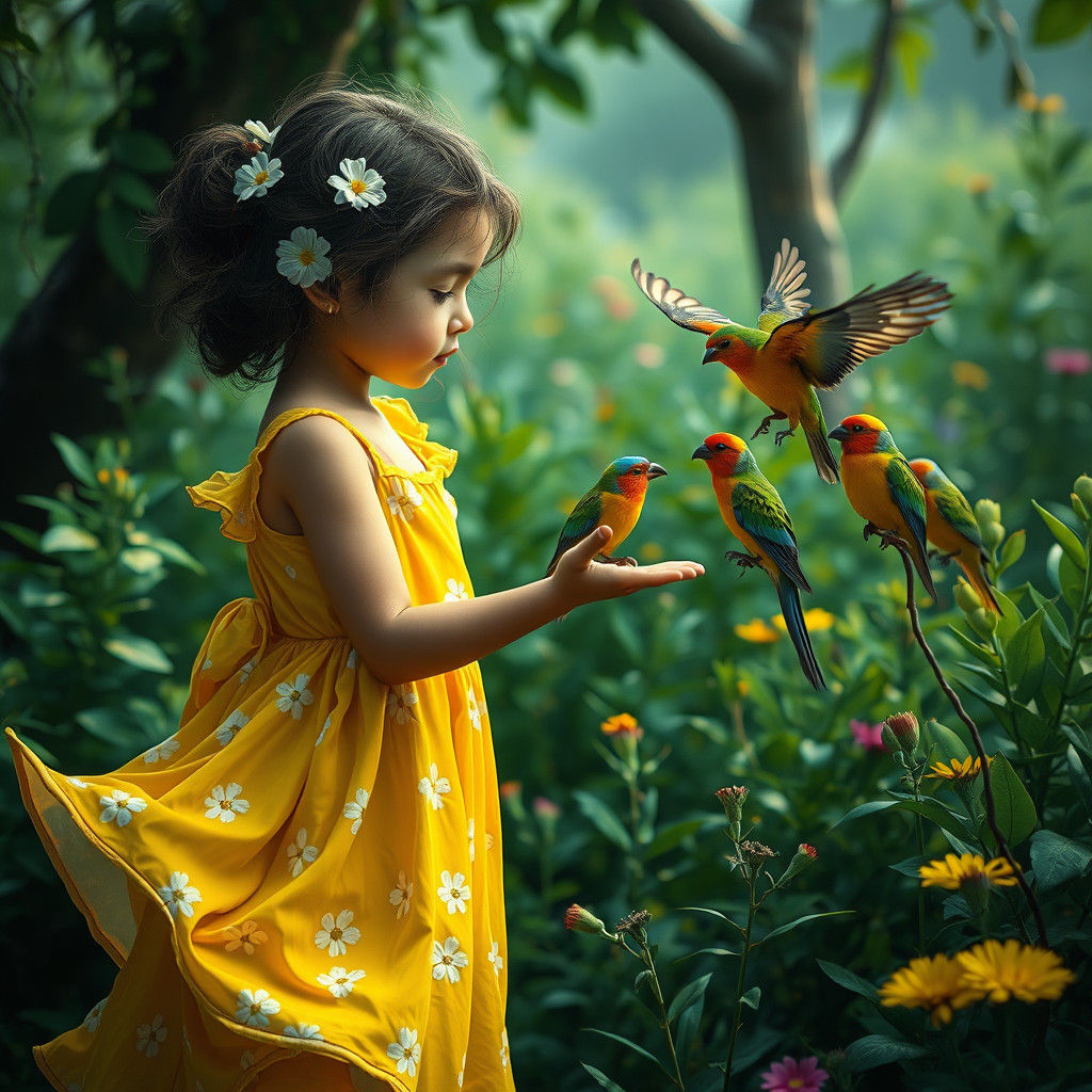 Girl Feeding Birds in Dreamlike Fantasy Art Style