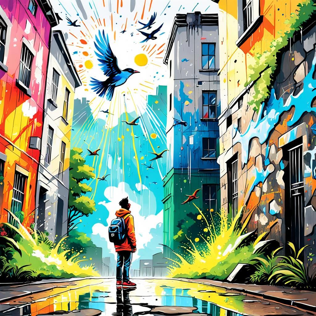 Vibrant Street Art: Person Watching Bird