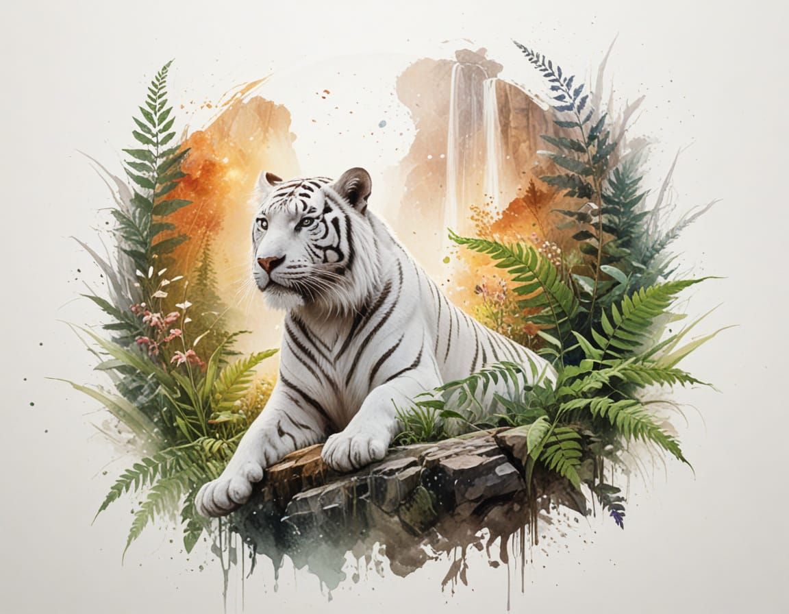 White Tiger by Glowing Waterfall in Hidden Valley