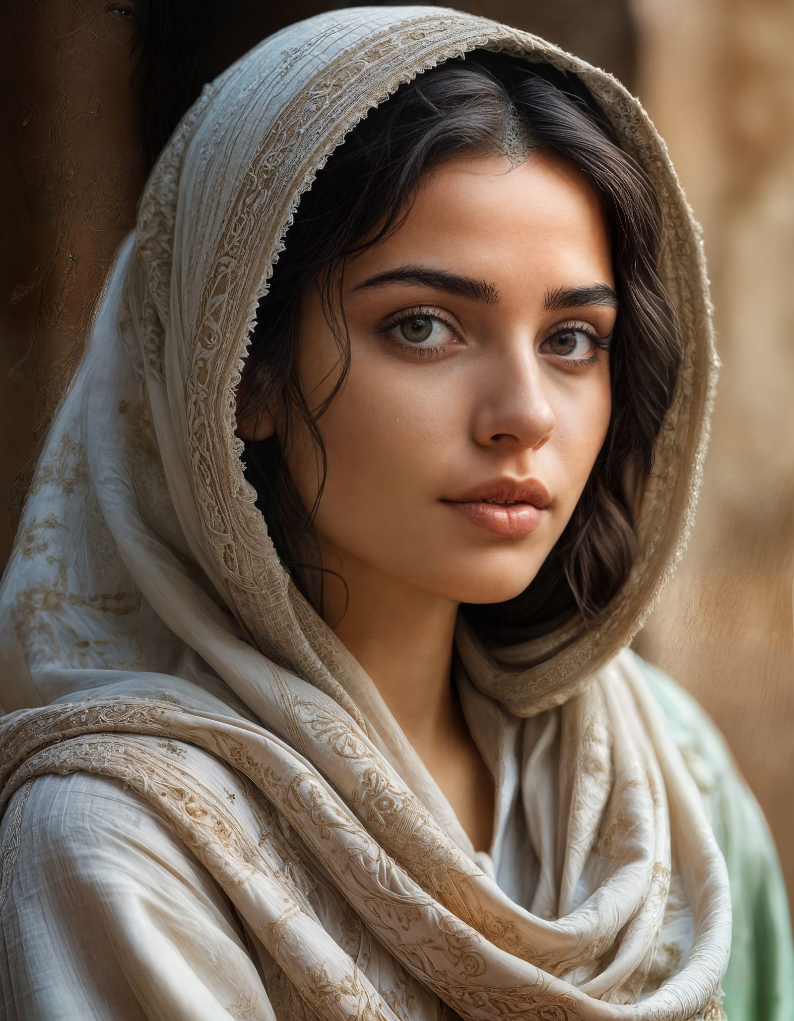 Palestinian Woman in Traditional Gazan Fabrics, Emotive Port...