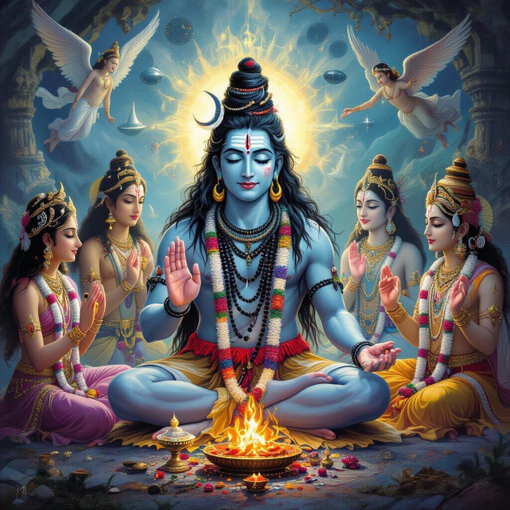 Lord Shiva and Divine Beings in Sacred Ritual