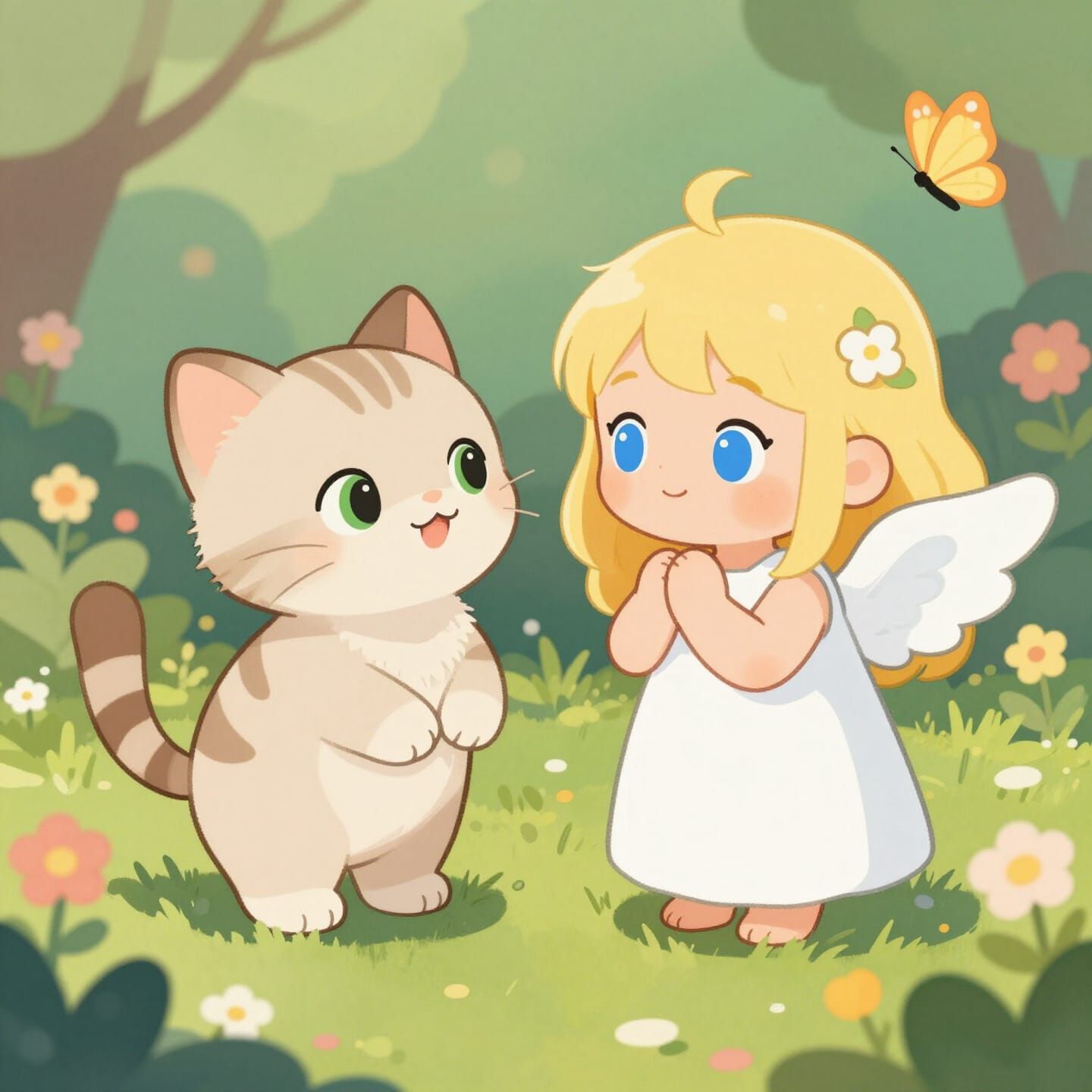 Kitten Meets Angel in Whimsical Garden