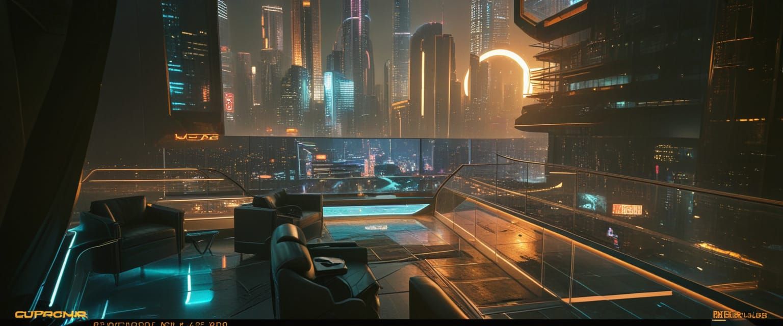 Futuristic Office with Neon Cyberpunk City View