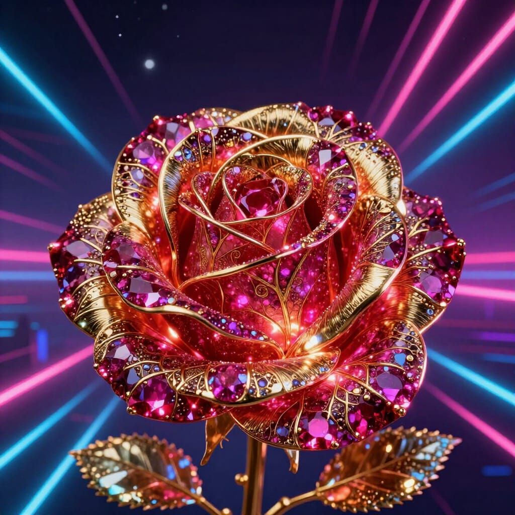 Ruby and Gold Rose in Neon Synthwave Landscape
