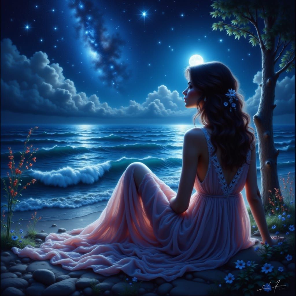 Summer Night by the Sea Under Starry Moonlight