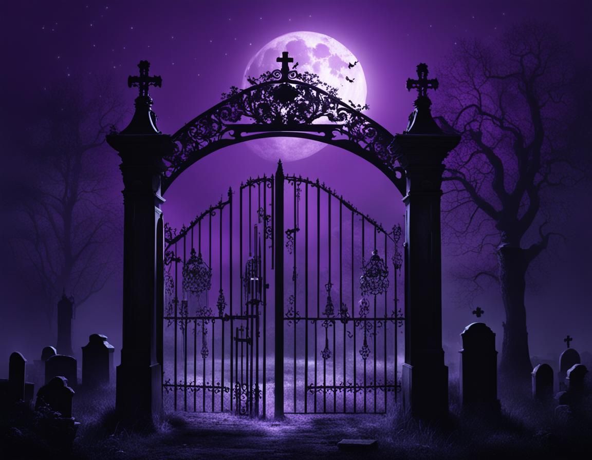 Cemetery Gate in Purple Moonlight