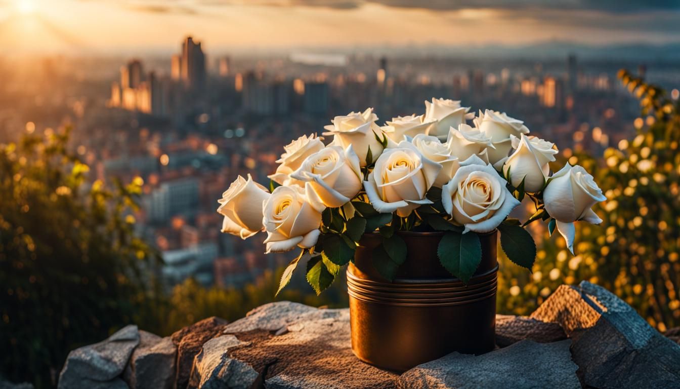 Ruined City Sunrise with Roses in Cinematic Style