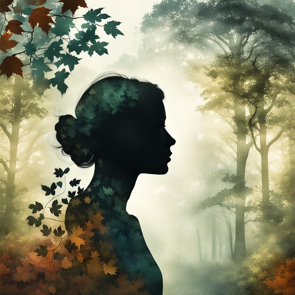 Double Exposure: Woman and Forest in Golden Light