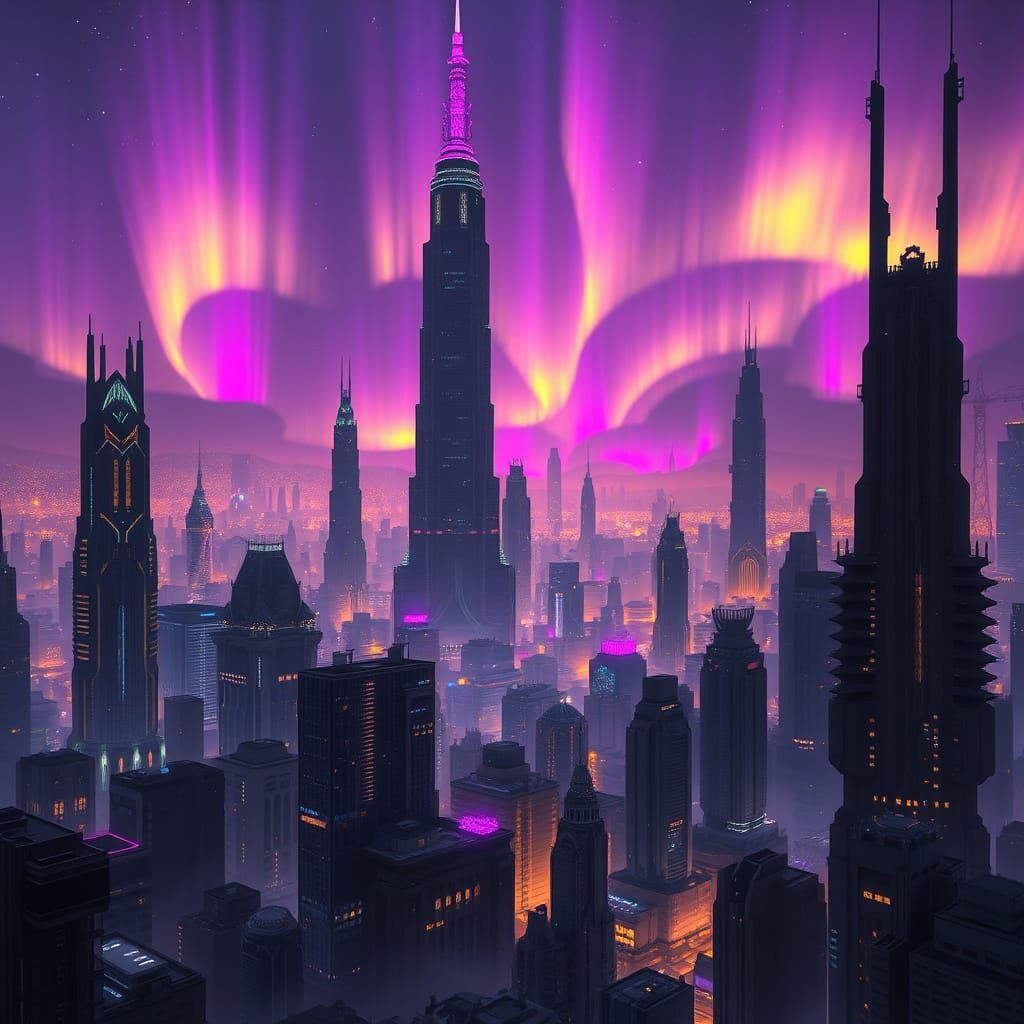 Futuristic Cityscape with Auroras in Dark Fantasy Style