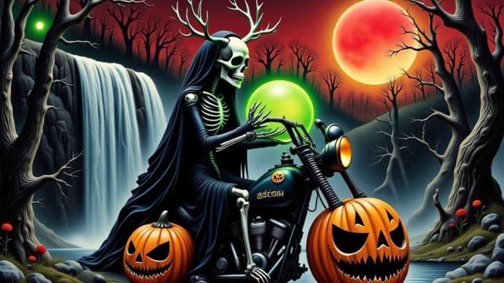 Skeletal Lord of the Hunt on Jack O'Lantern Motorcycle