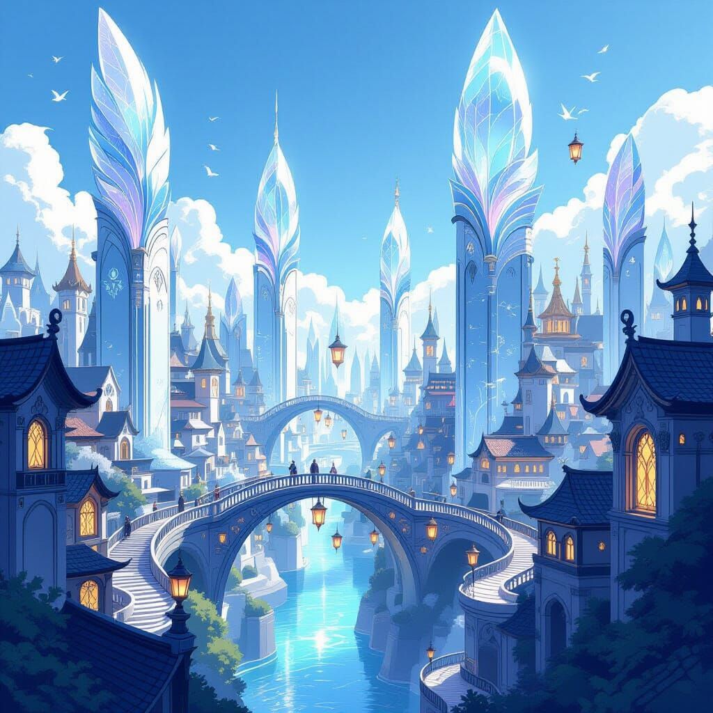 Sunlit spires shimmer with enchantments above silver bridges...