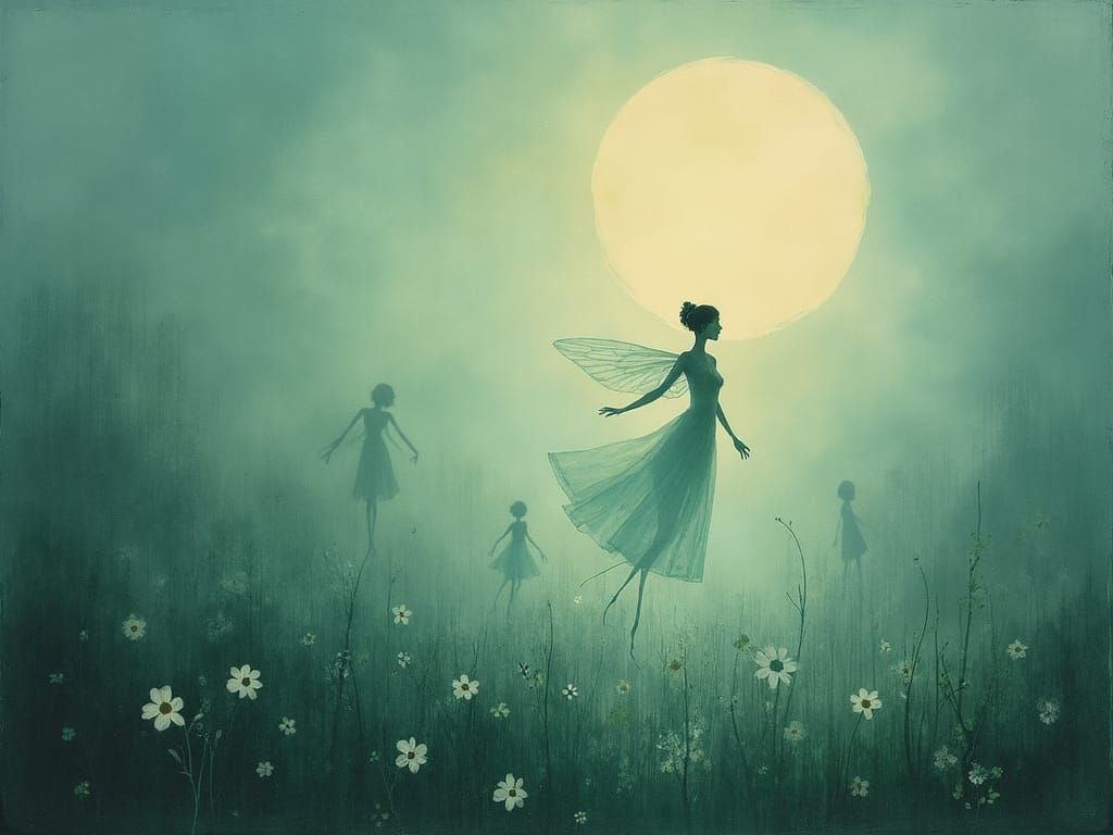Moonlit Fairies Dancing in a Serene Dreamy Landscape