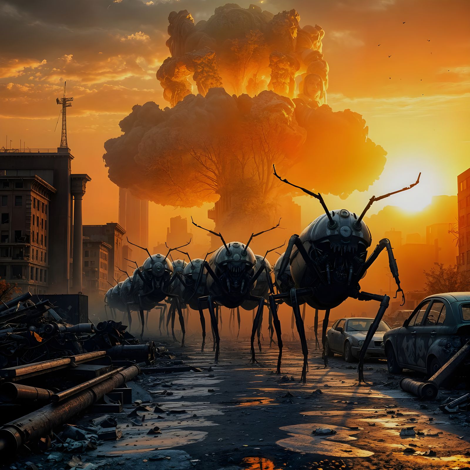 Cyborg Cockroaches Marching in Post-Apocalyptic Ruins