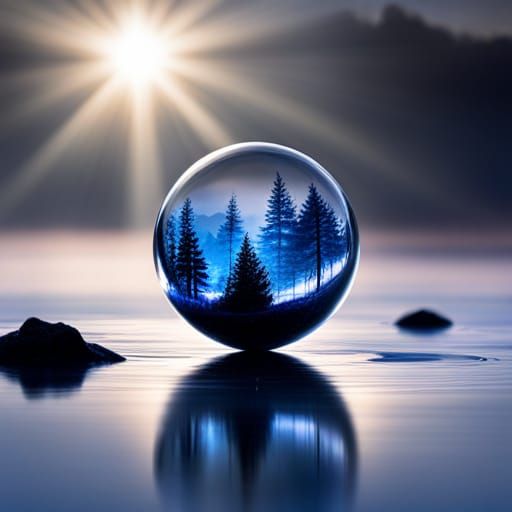 Mystical Blue Glass Sphere Reflecting Deep Forest