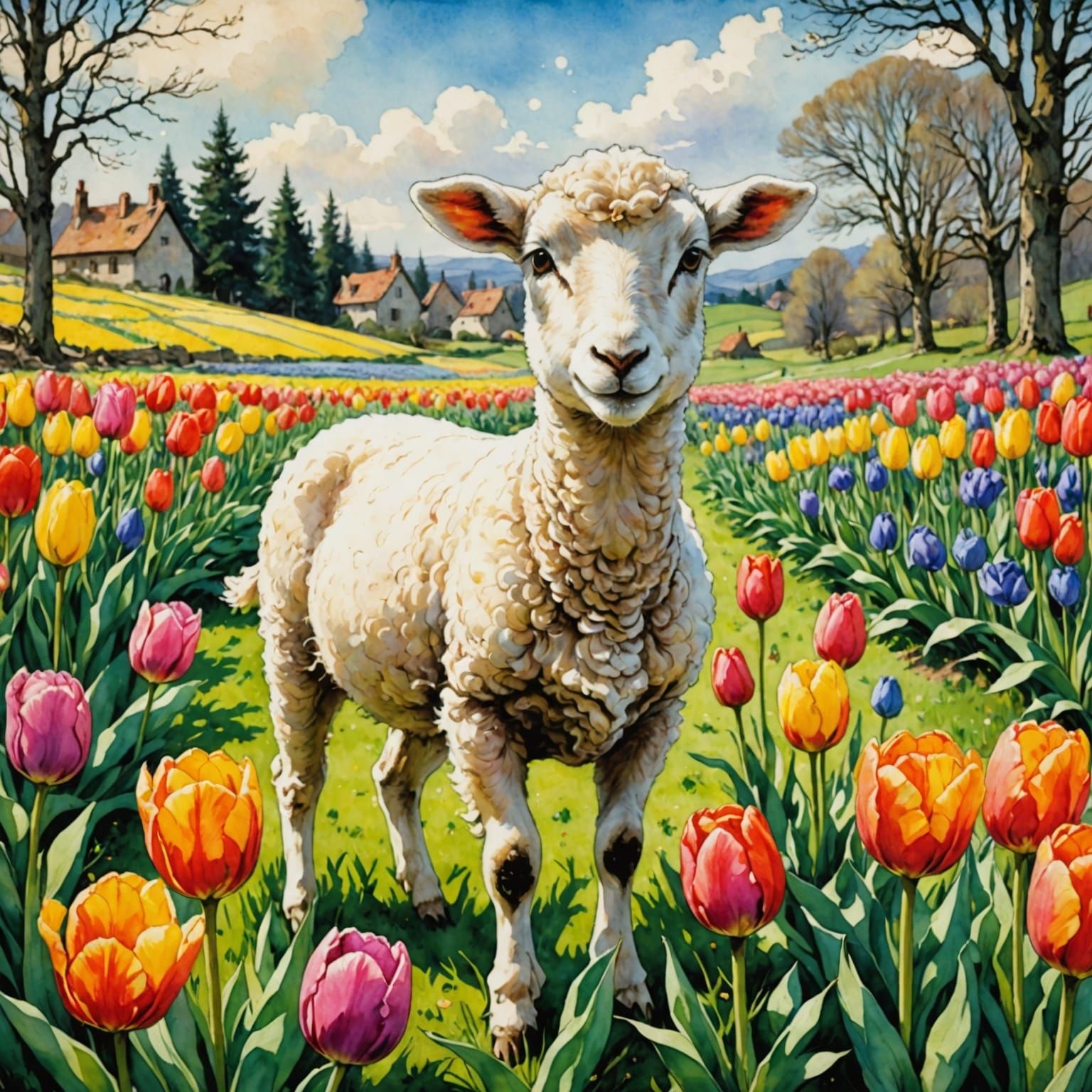 Easter Lamb Amidst Vibrant Tulips in Whimsical Anime Style