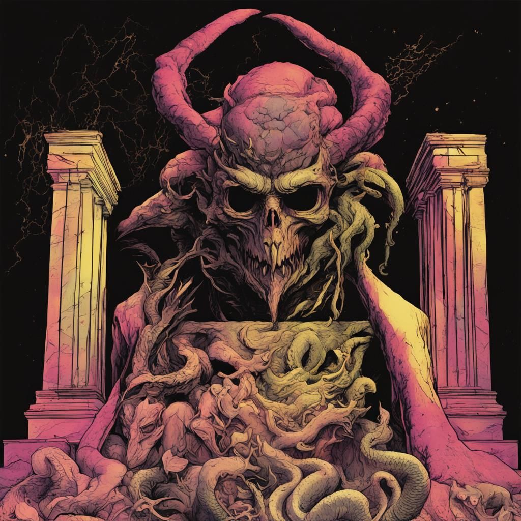 Surreal Mythological Statues in Glitchcore Style