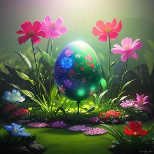 Magical Egg in Neon Garden: Hyperrealistic Concept Art