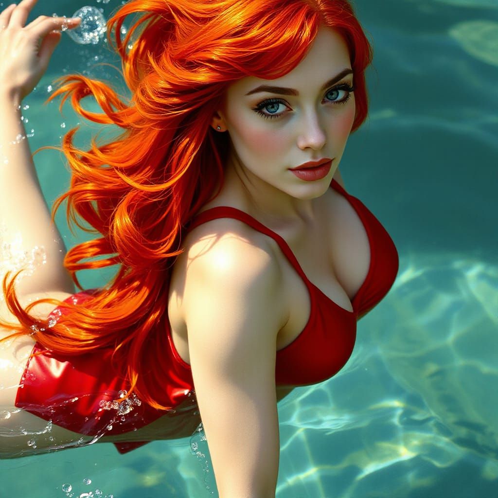 Red Haired Woman Swimming in Art Nouveau Style