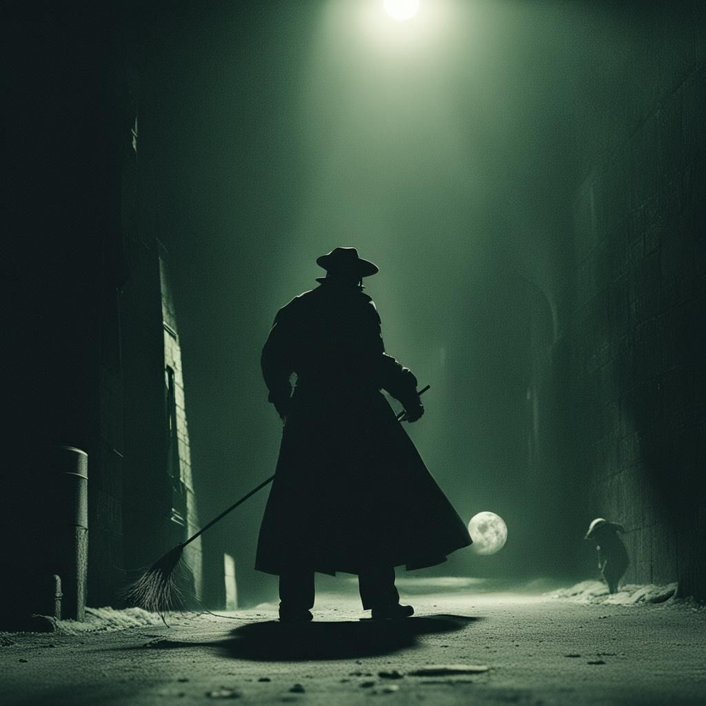 Spider Human Janitor in Moody Film Noir Alley