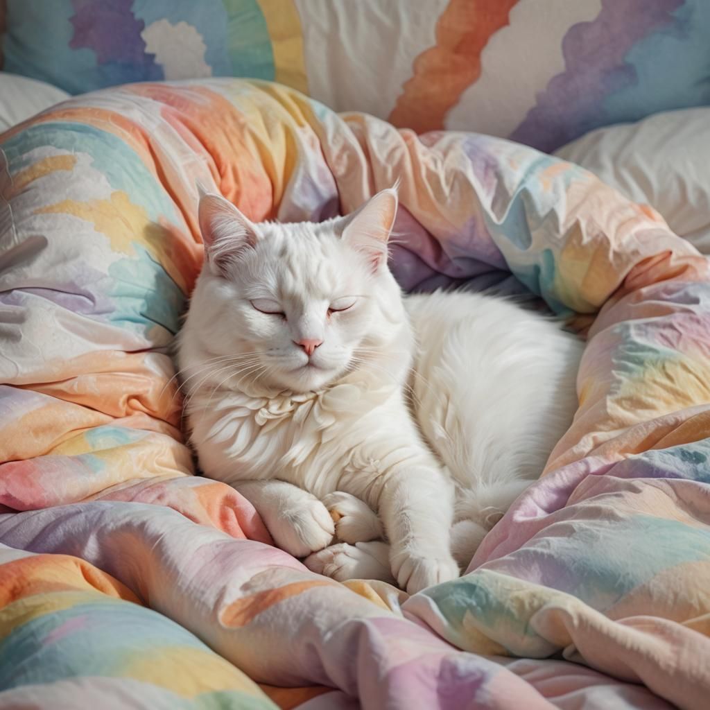 White Cat Sleeps on Rainbow Bed in Impressionist Style