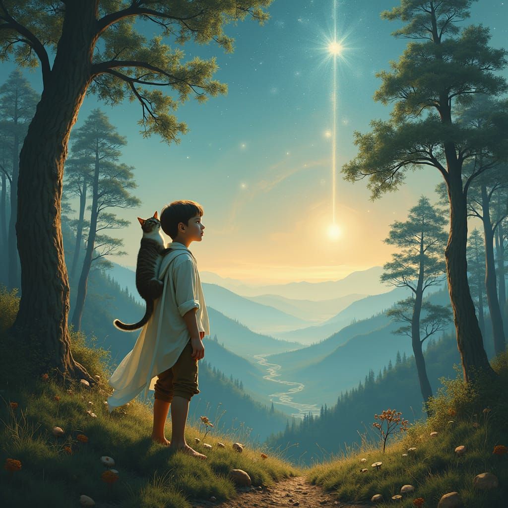 Boy and Cat in Mystical Sci-Fi Landscape