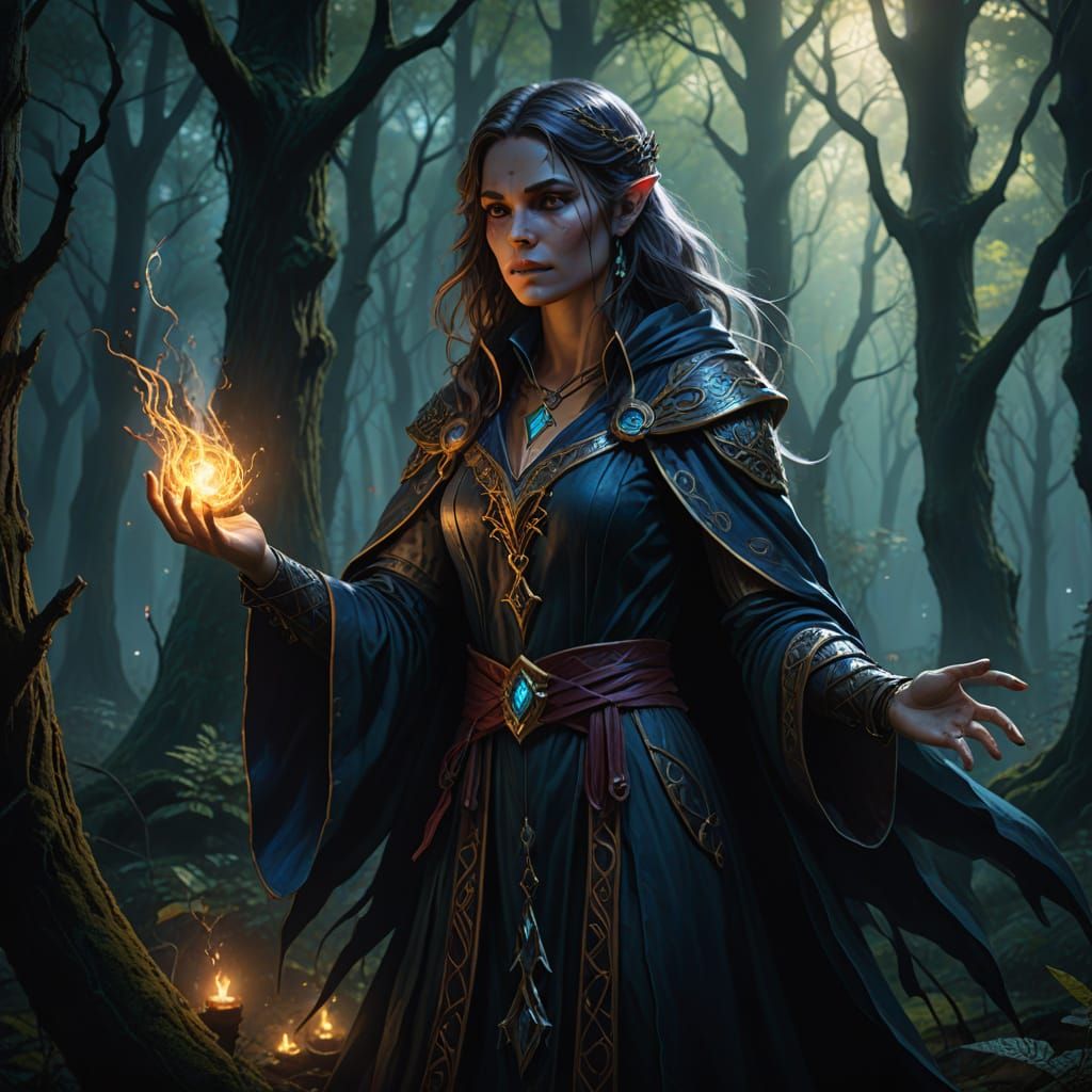 Ethereal Sorceress Prepares Spell in Dark Forest