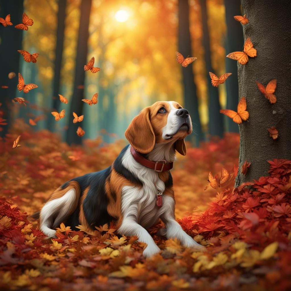Magical Autumn Forest Scene with Beagle