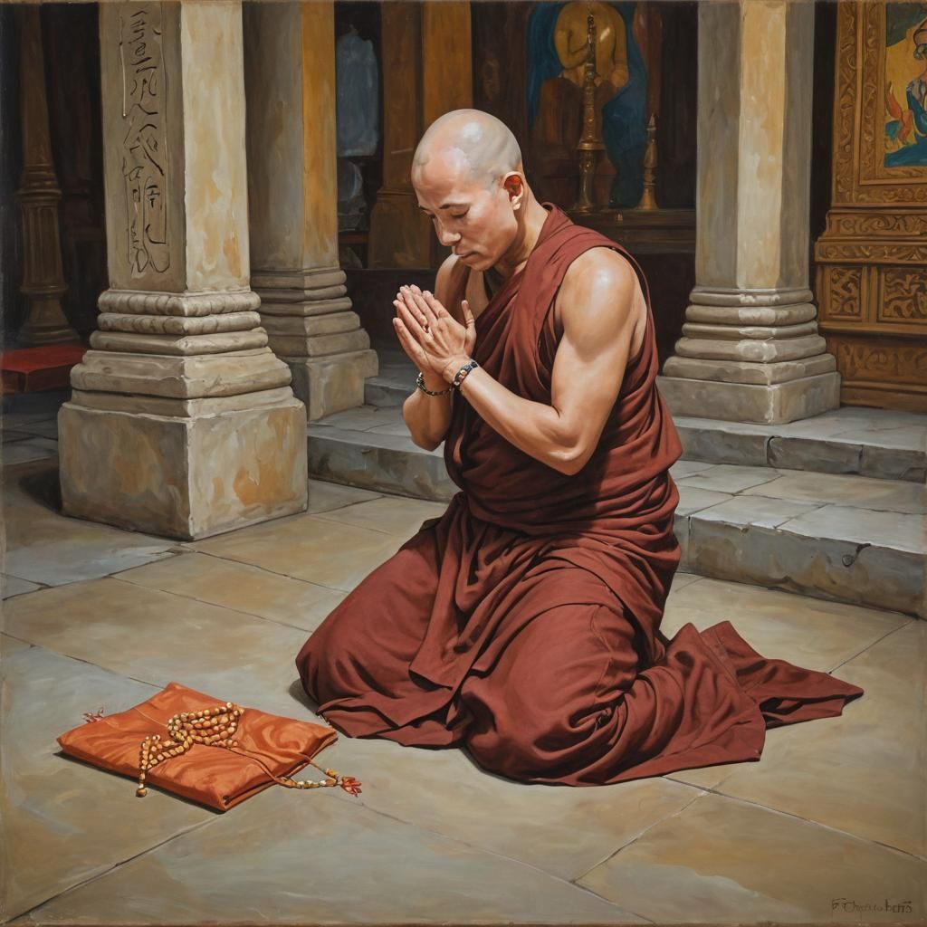 Buddhist Monk Praying: Oil Painting