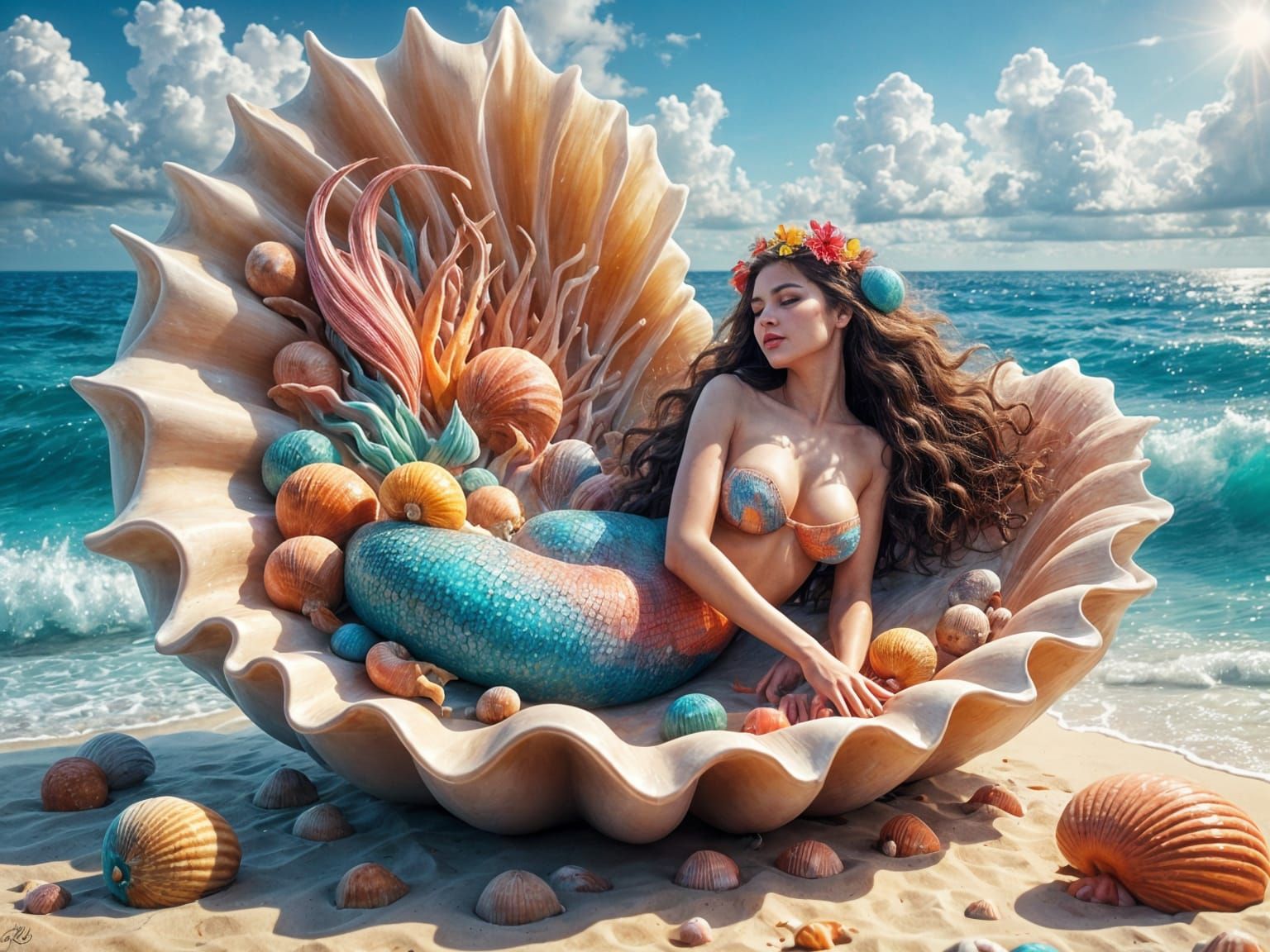 Brunette Mermaid Asleep on Seashell Bed, Digital Watercolor