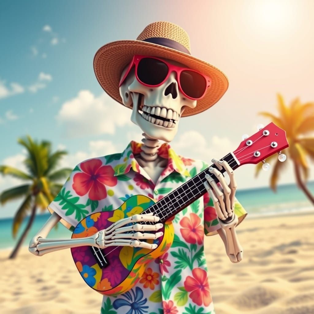 Cheerful Skeleton Plays Ukulele on Sunny Beach