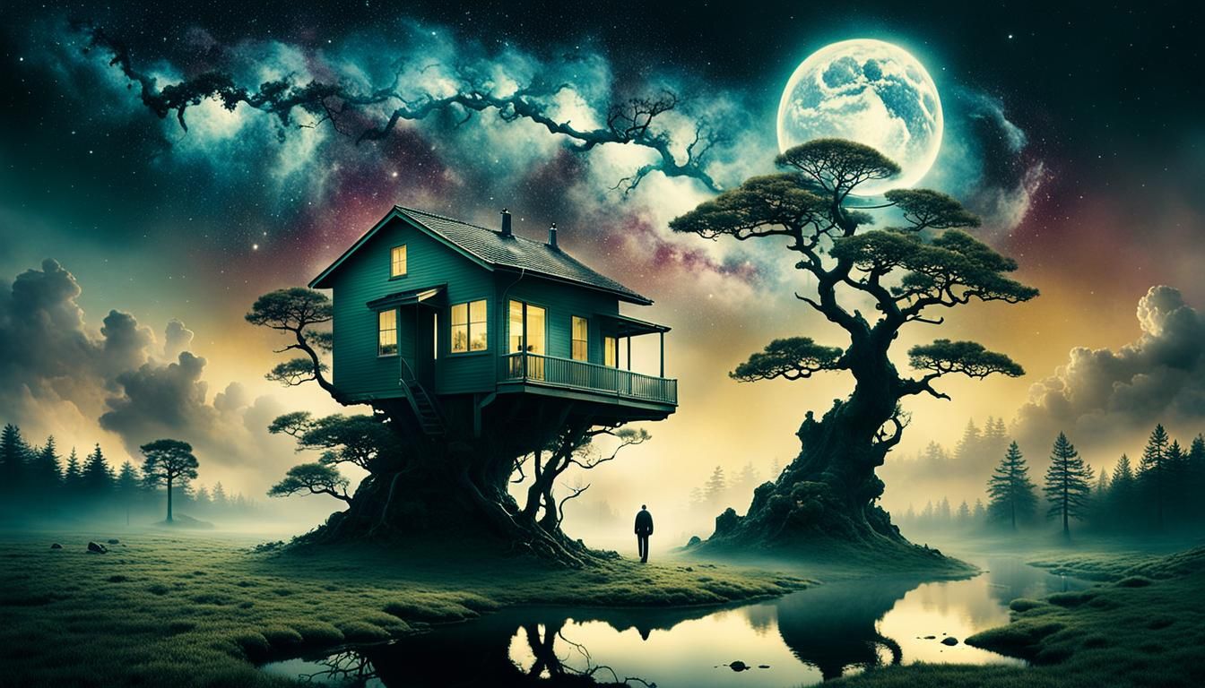 Surreal Cosmos Creation with Bonsai and Cottages