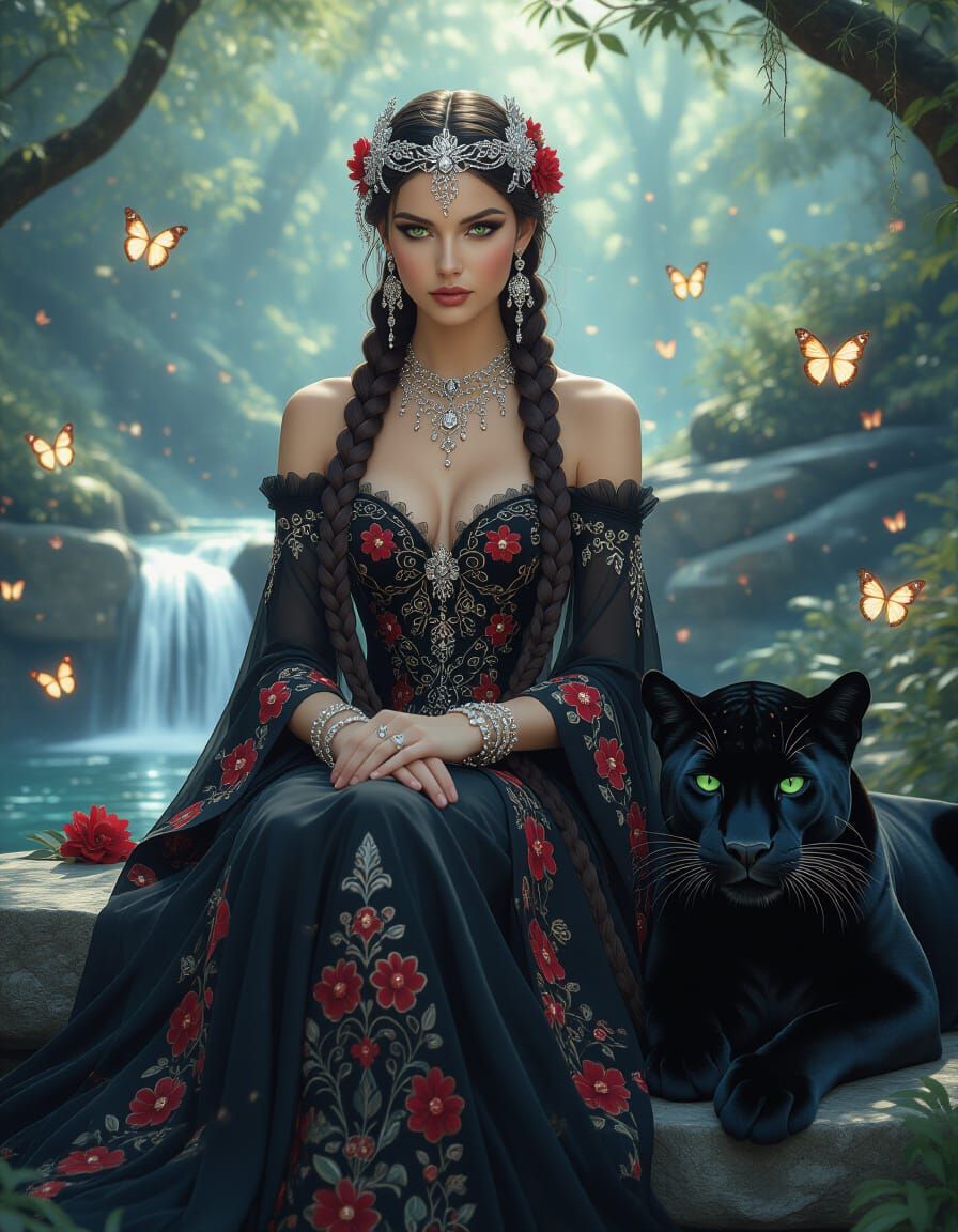 Mystical Enchantress Portrait with Panther in Ethereal Fores...