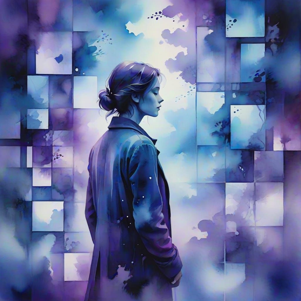 Dreamlike Figure in Surreal Violet Watercolor Landscape