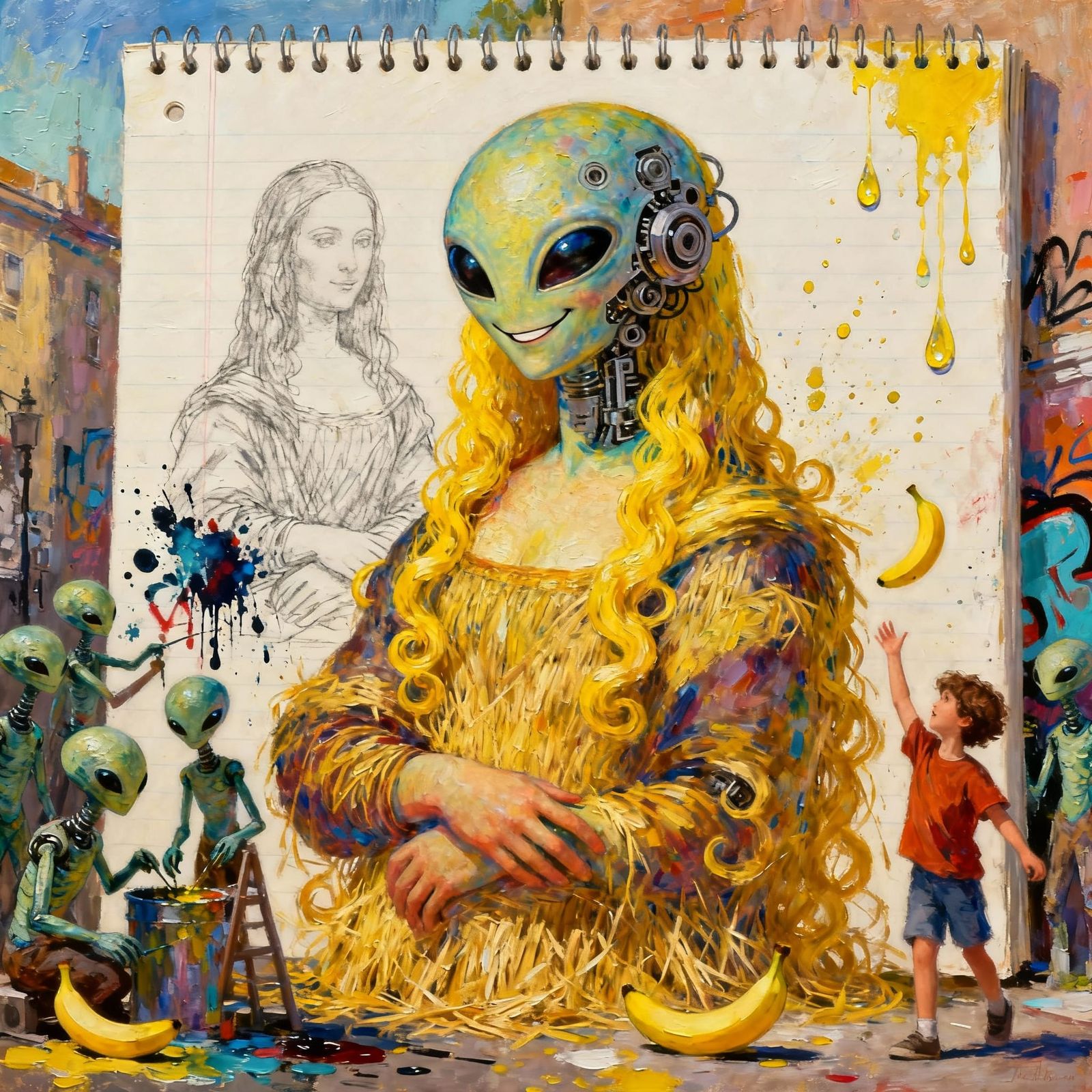 Smiling Alien Head with Mechanical Parts and Straw Hair