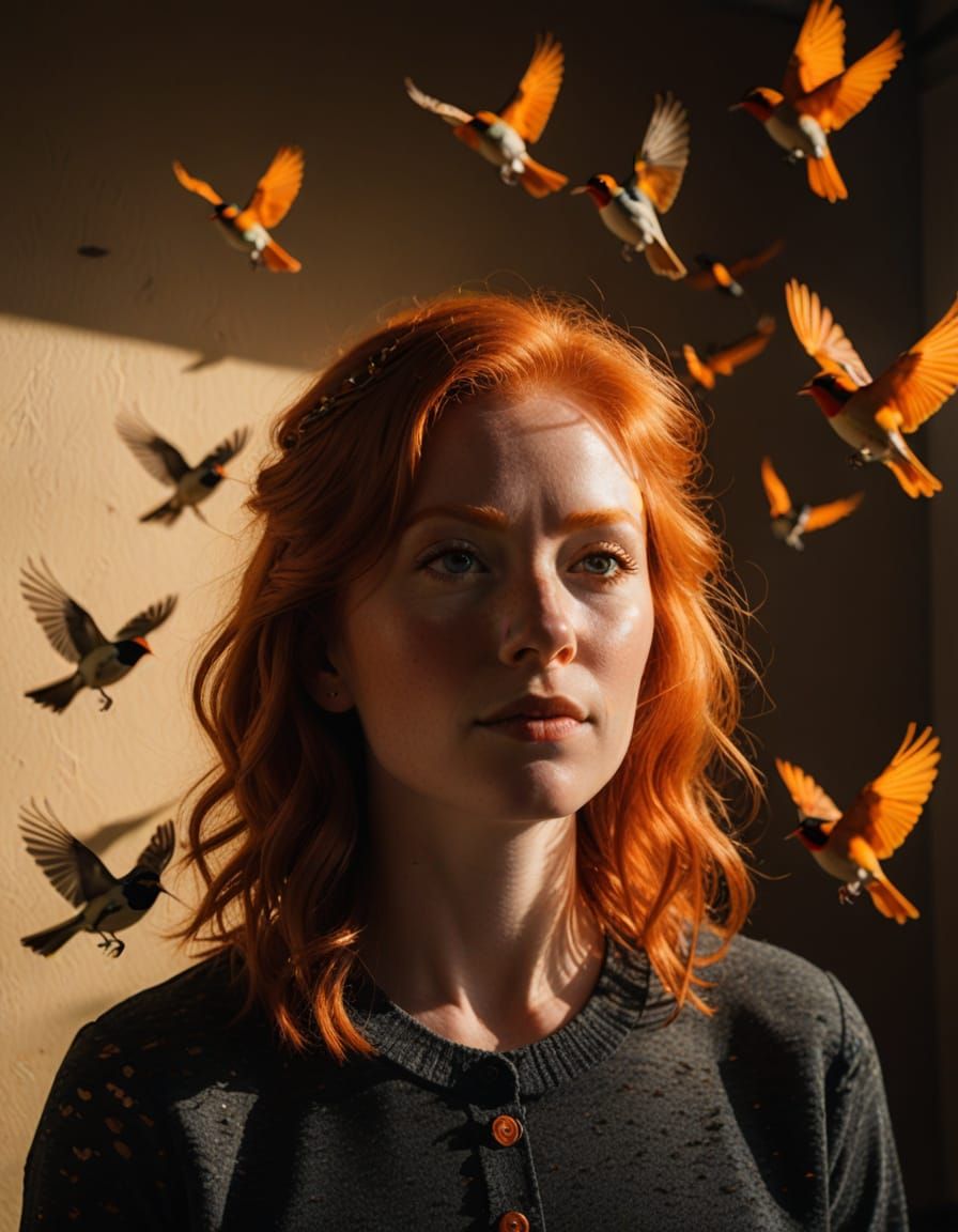 Ginger Portrait with Orioles in Vibrant Lighting