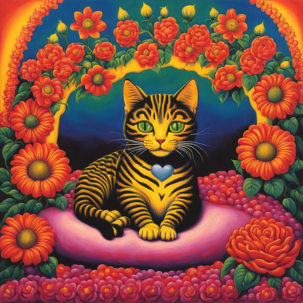 Psychedelic Cat with Flowers, in Style of Chicago Imagists