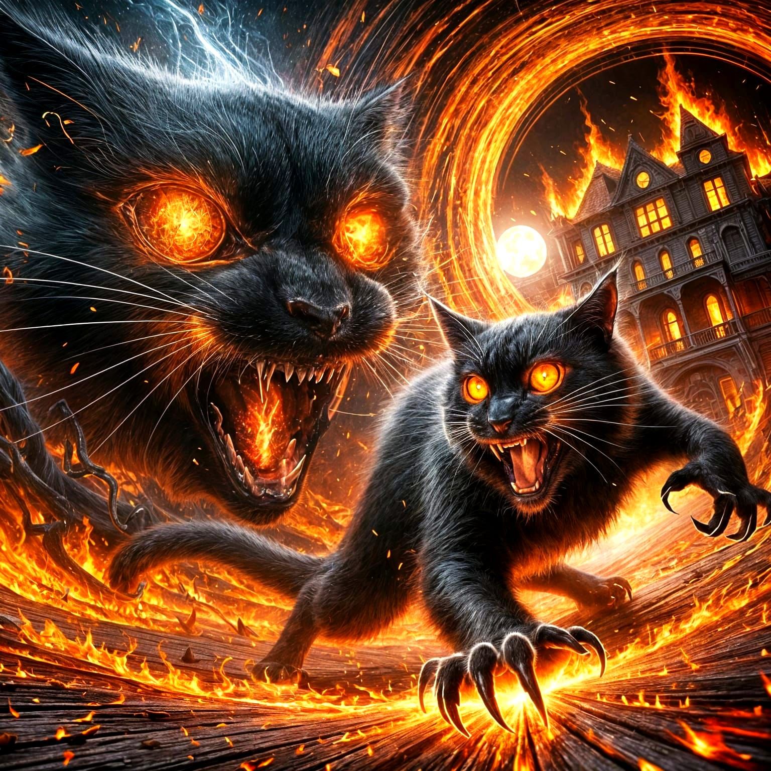 Terrifying Black Cat in Hellish Inferno: Hyperrealistic Illu...