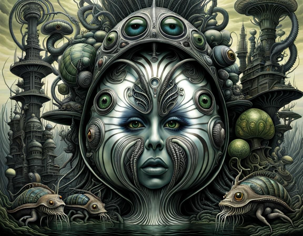 Surreal Insectoid Landscape Drawing in Dore Style