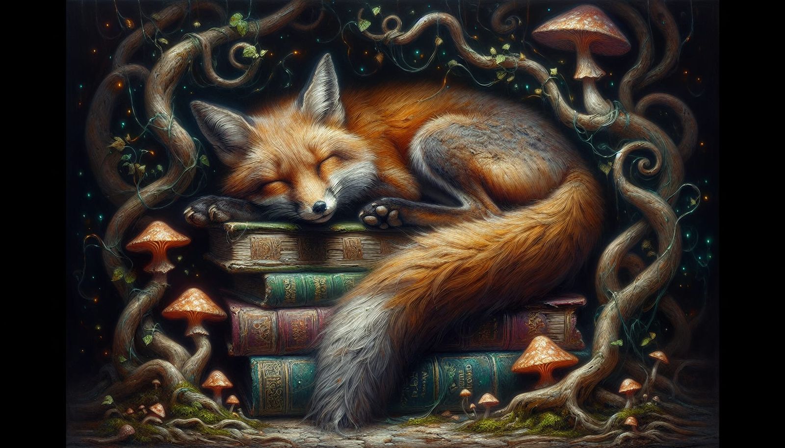Fox Asleep on Books in Impasto Oil Painting