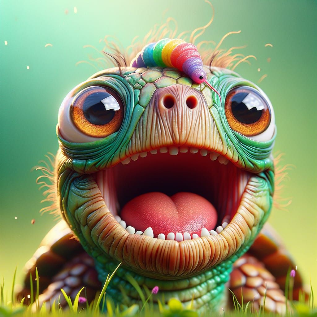 Joyful Turtle Laughing with a Colorful Worm