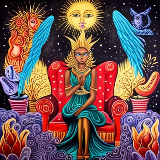 Epic Fashionista Goddess on Throne in Graffiti Art Style