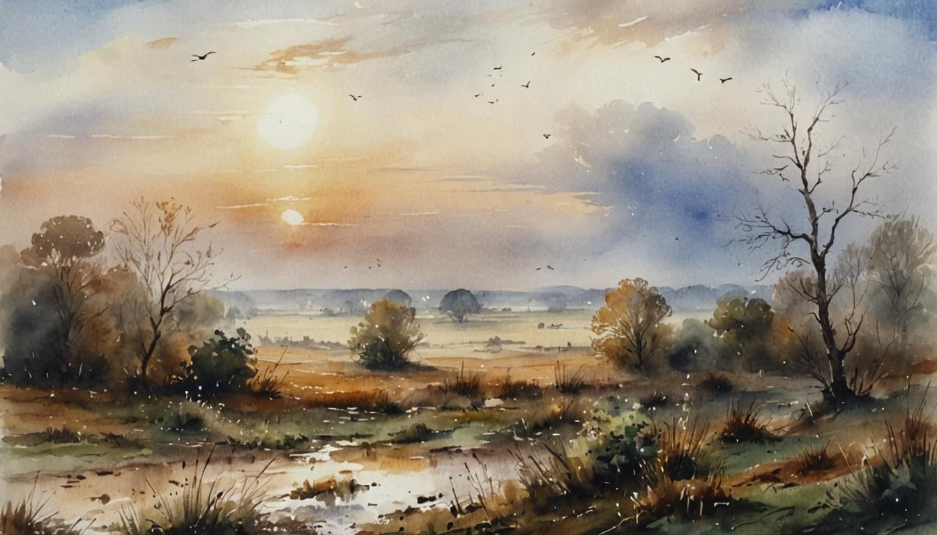 Watercolor Autumn Field Landscape in Ethereal Style