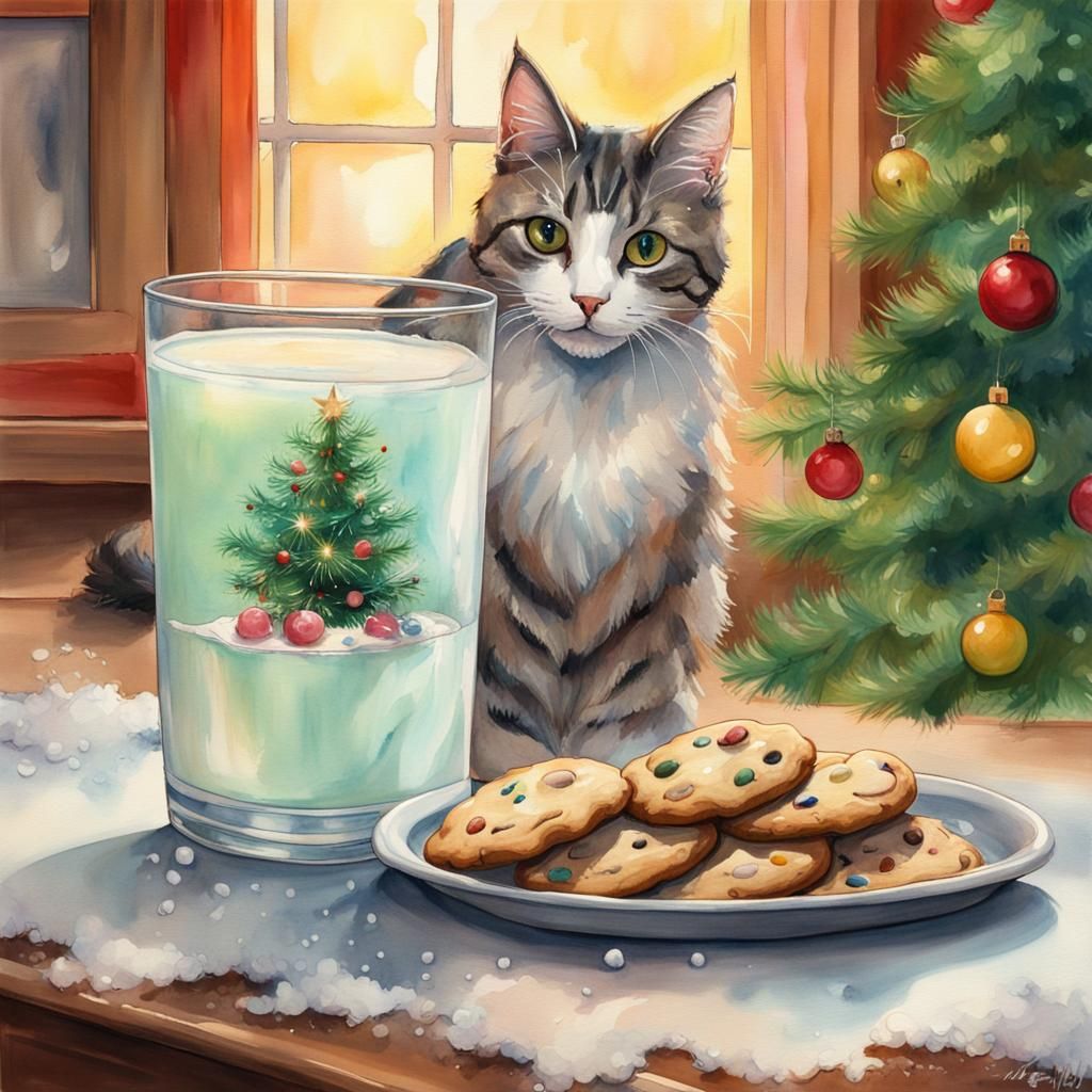 Christmas Cat Enjoying Milk: Watercolor Art