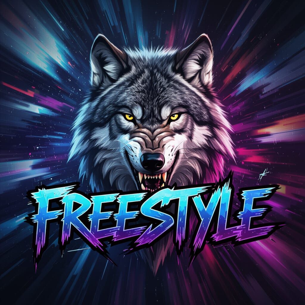 Grey Wolf Head with Freestyle Text in Digital Art Style