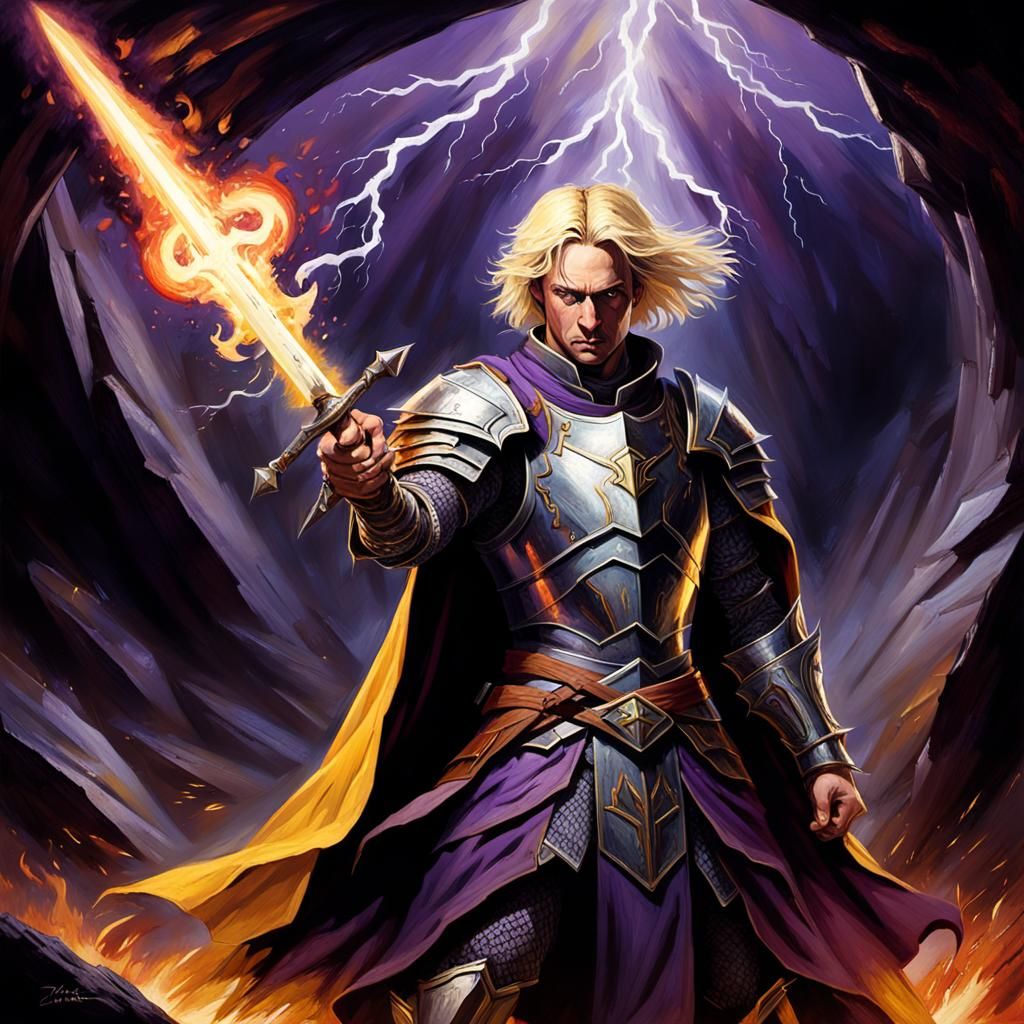 Epic Hero in Dimly Lit Cavern, Holding Flaming Sword in Oil...