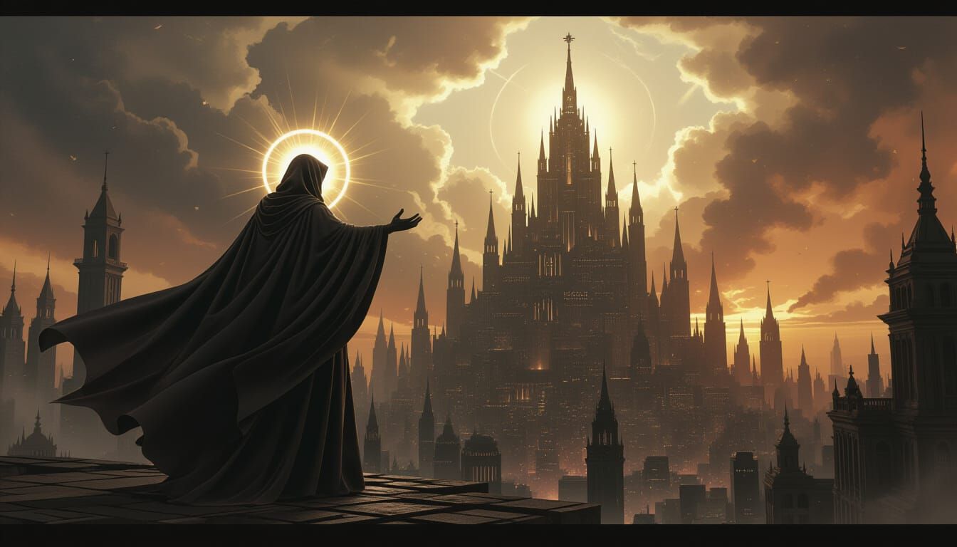 Prophet's Divine Light Against Dark Metropolis