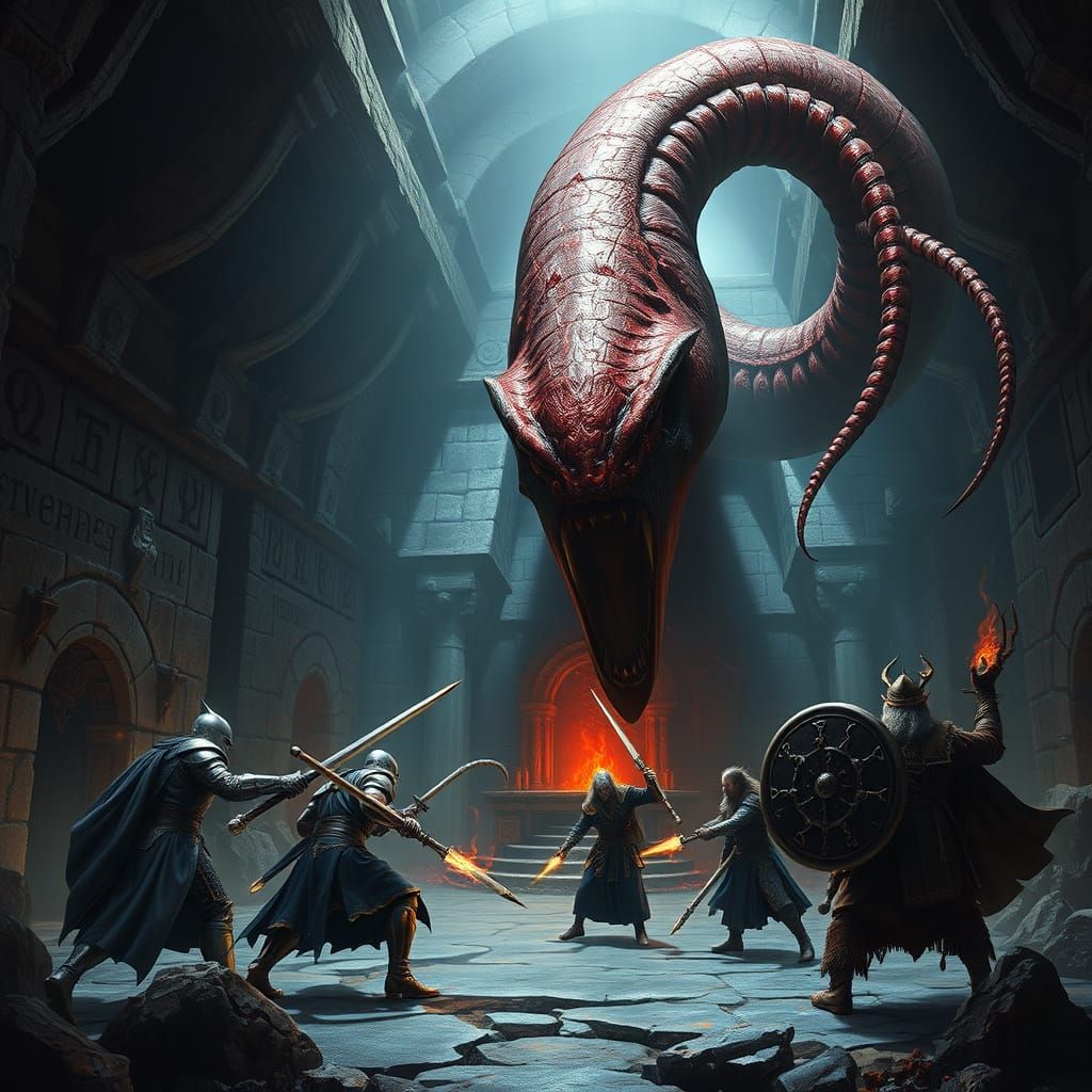 Dungeon Battle: Giant Worm vs. Adventurers in Grim Fantasy