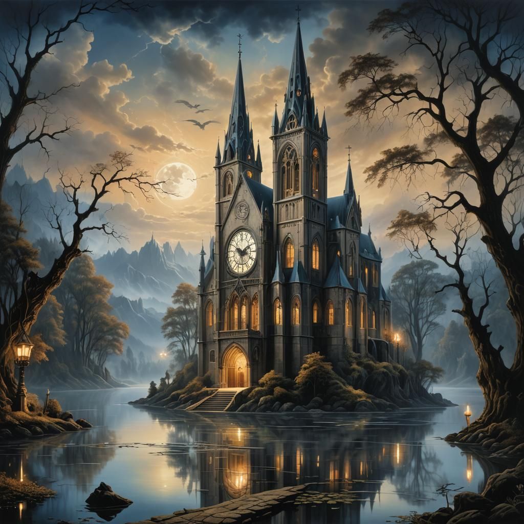 Gothic Church Mirrored in Mystical Lake, Airbrush Painting